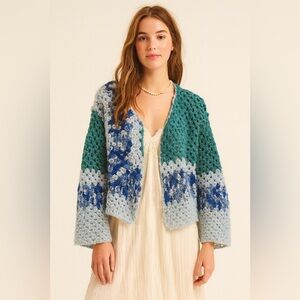 Handmade Crochet Open Cardigan - Teal and Light Blue